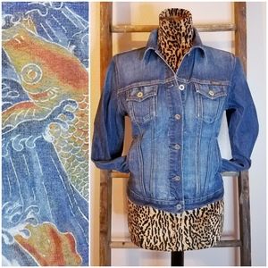 LUCKY BRAND Koi Fish Blue Denim Jean Jacket - size Women's L
